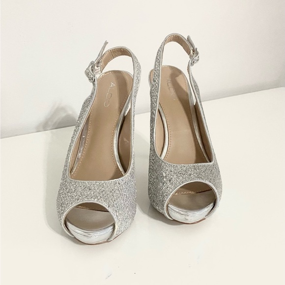 Aldo Silver Glitter Peep Toe Heels - Picture 2 of 11